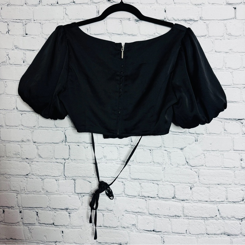 Classic Black Puff Sleeve Crop Top with Back Tie